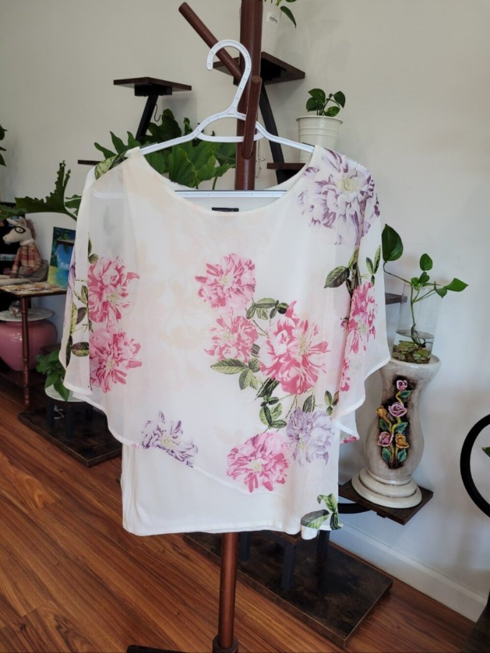 Ann Taylor Factory Womens Petite LP Floral Chiffon Layered Overlay Blouse Top